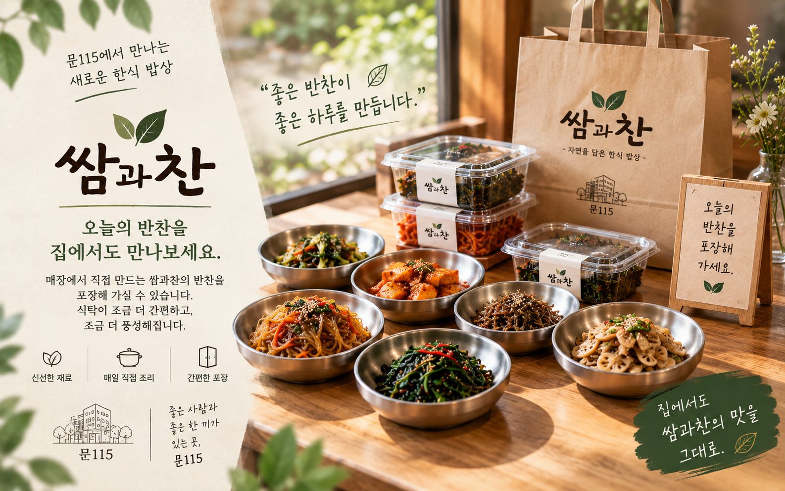 쌈과찬 반찬 포장 — 매장에서 직접 만든 오늘의 반찬을 포장 용기에 담은 모습