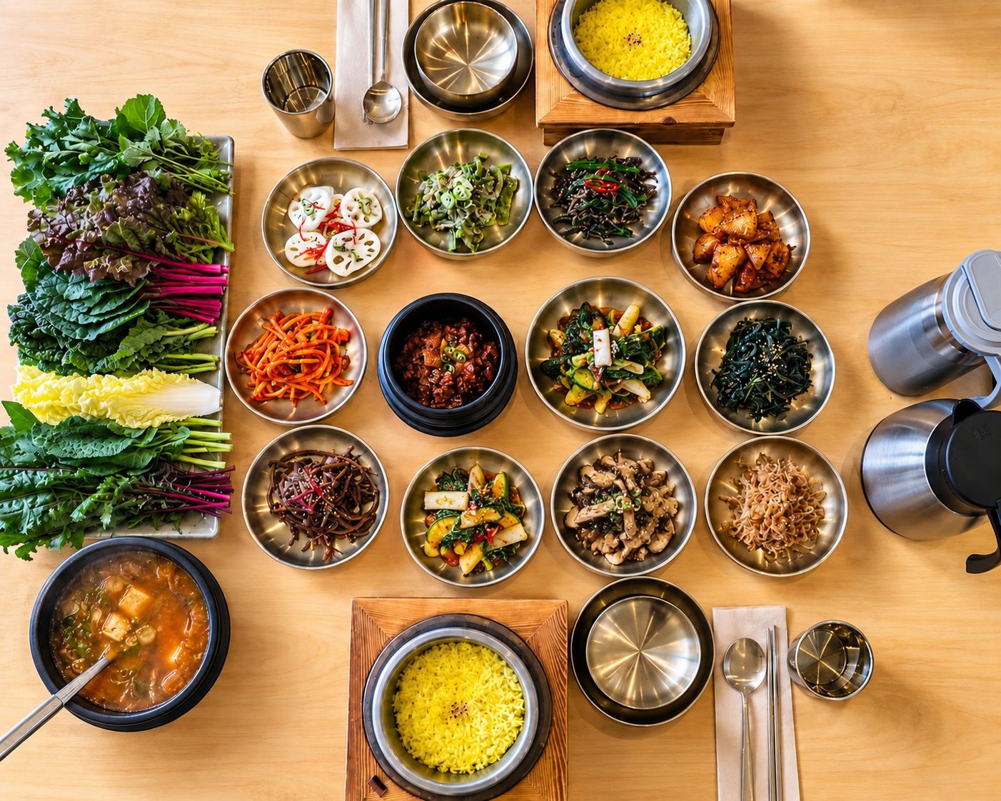 쌈과찬 채소한상 — 고기 없이 제철 쌈채소와 반찬, 우렁쌈장, 된장찌개, 강황 돌솥밥