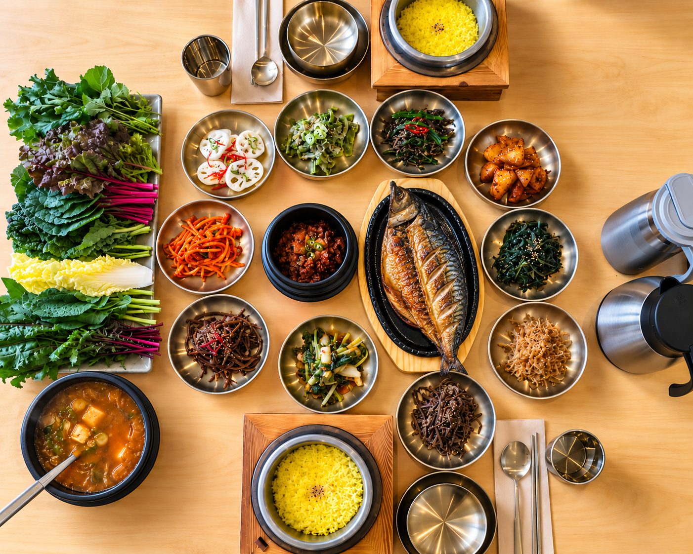 쌈과찬 고등어한상 — 노릇하게 구운 고등어, 제철 쌈채소, 반찬 8가지, 강황돌솥밥, 된장찌개